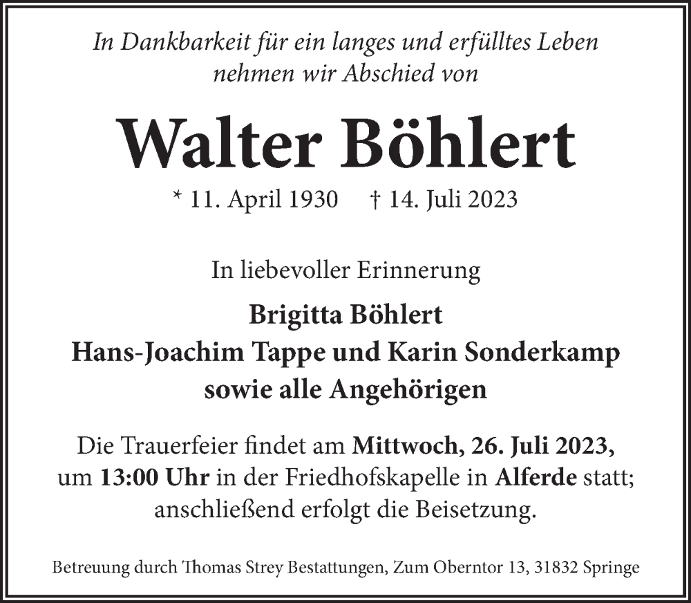  Traueranzeige für Walter Böhlert vom 22.07.2023 aus Neue Deister-Zeitung