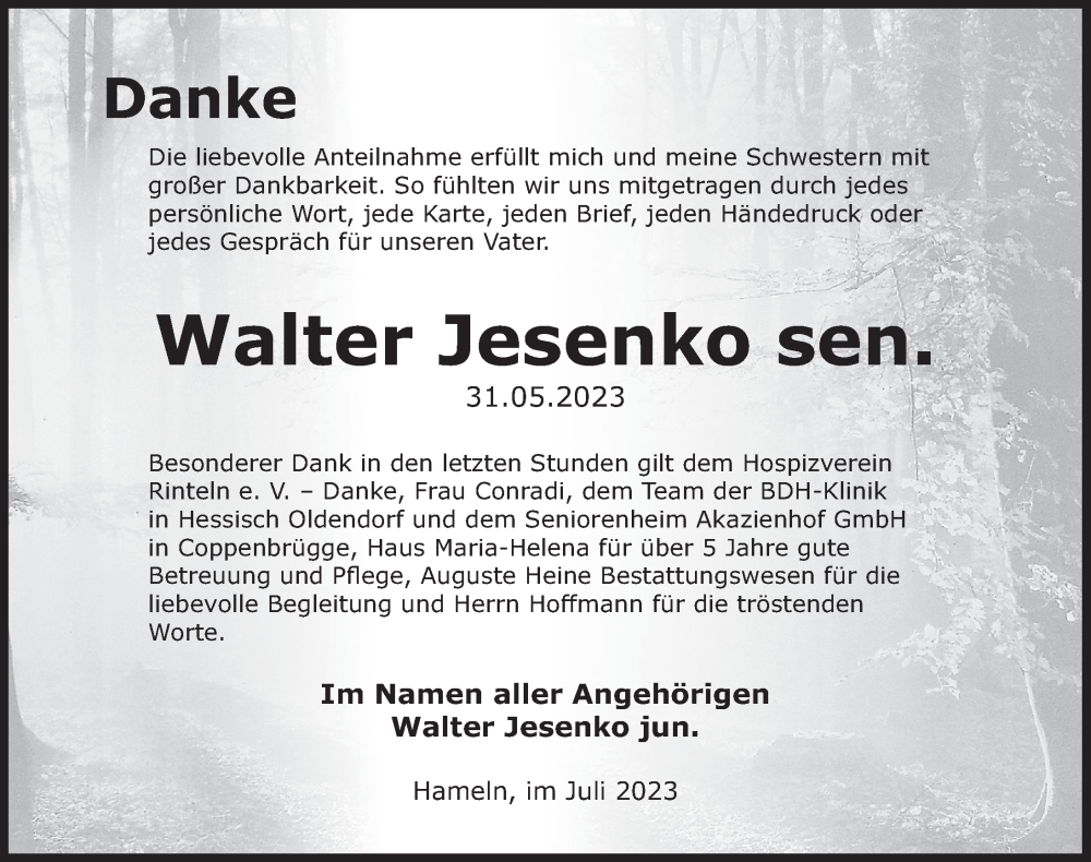  Traueranzeige für Walter Jesenko vom 15.07.2023 aus Deister- und Weserzeitung