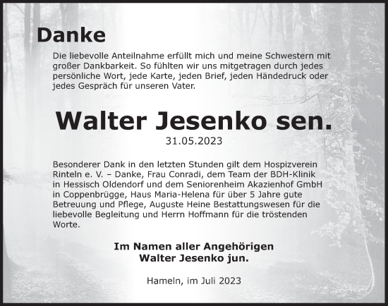 Traueranzeige von Walter Jesenko von Deister- und Weserzeitung