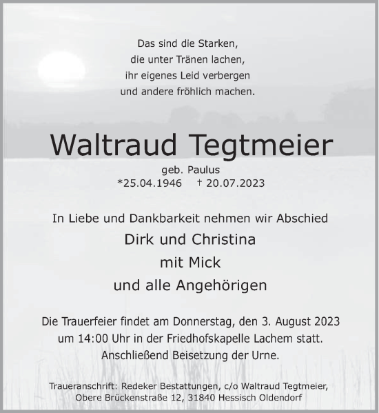 Traueranzeige von Waltraud Tegtmeier von Deister- und Weserzeitung