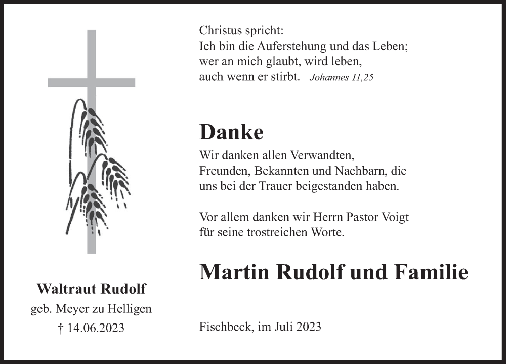  Traueranzeige für Waltraut Rudolf vom 15.07.2023 aus Deister- und Weserzeitung