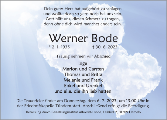 Traueranzeige von Werner Bode von Deister- und Weserzeitung