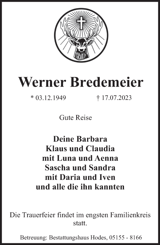 Traueranzeige von Werner Bredemeier von Deister- und Weserzeitung