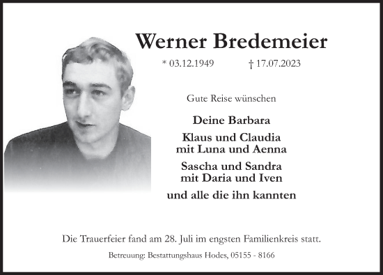 Traueranzeige von Werner Bredemeier von Deister- und Weserzeitung