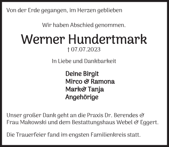 Traueranzeige von Werner Hundertmark von Deister- und Weserzeitung