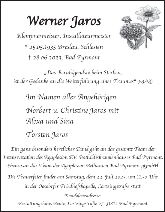 Traueranzeige von Werner Jaros von Deister- und Weserzeitung