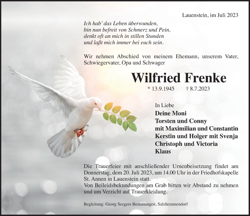  Traueranzeige für Wilfried Frenke vom 15.07.2023 aus Deister- und Weserzeitung
