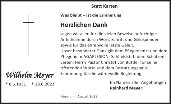 Traueranzeige von Wilhelm Meyer von Deister- und Weserzeitung