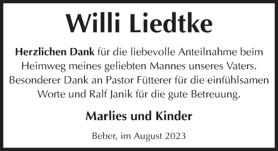 Traueranzeige von Willi Liedtke von Neue Deister-Zeitung