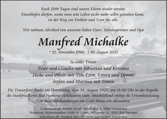 Traueranzeige von Manfred Michalke von DEISTER- UND WESERZEITUNG