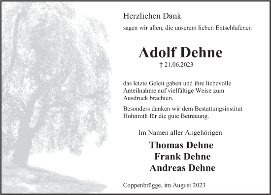 Traueranzeige von Adolf Dehne von Deister- und Weserzeitung
