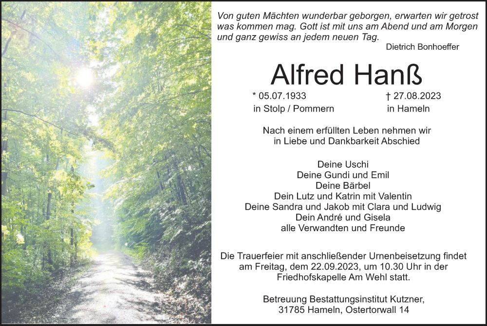  Traueranzeige für Alfred Hanß vom 02.09.2023 aus Deister- und Weserzeitung