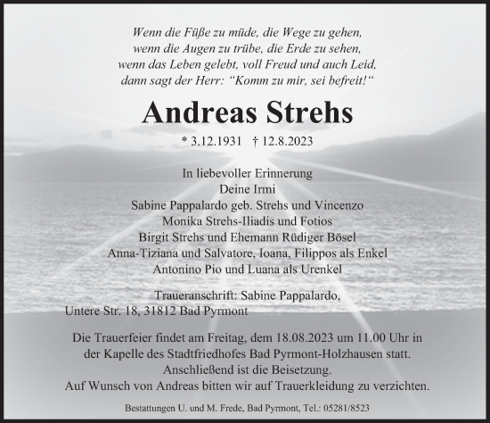 Traueranzeige von Andreas Strehs von Deister- und Weserzeitung