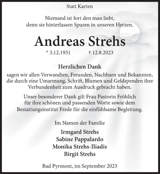 Traueranzeige von Andreas Strehs von Deister- und Weserzeitung