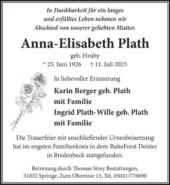 Traueranzeige von Anna-Elisabeth Plath von Neue Deister-Zeitung