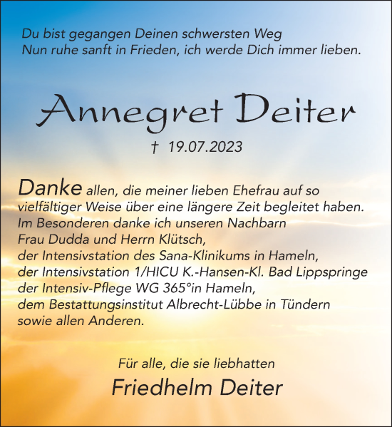 Traueranzeige von Annegret Deiter von Deister- und Weserzeitung