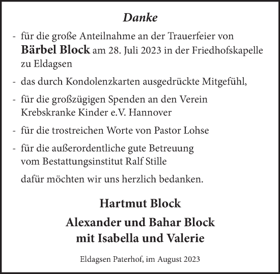 Traueranzeige von Bärbel Block von Neue Deister-Zeitung
