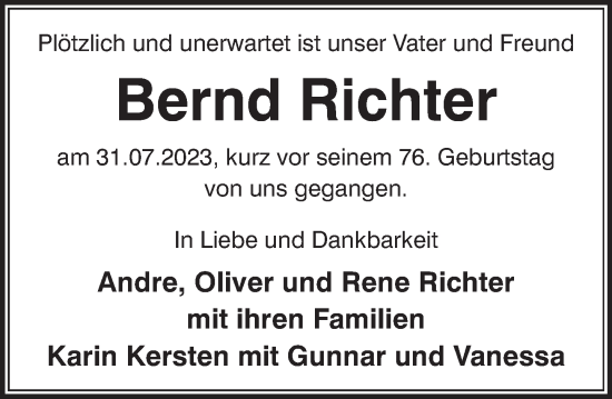 Traueranzeige von Bernd Richter von Neue Deister-Zeitung