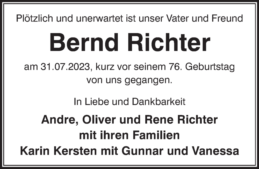  Traueranzeige für Bernd Richter vom 05.08.2023 aus Neue Deister-Zeitung
