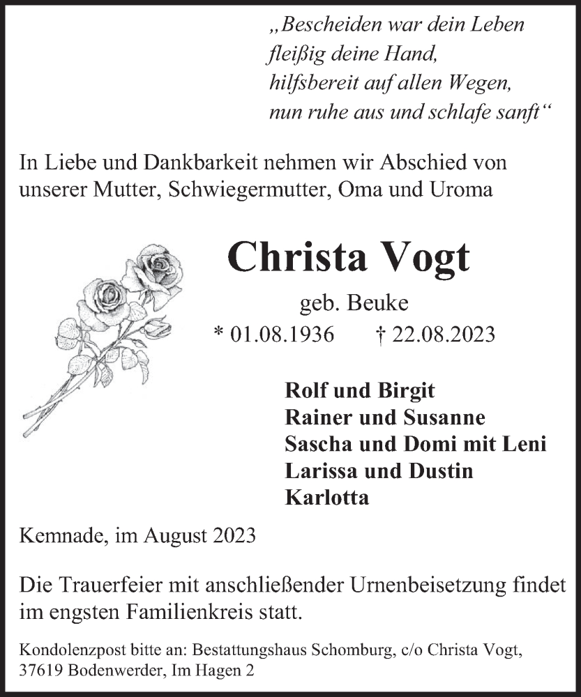  Traueranzeige für Christa Vogt vom 26.08.2023 aus Deister- und Weserzeitung