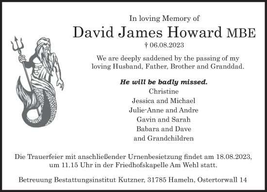 Traueranzeige von David James Howard von Deister- und Weserzeitung