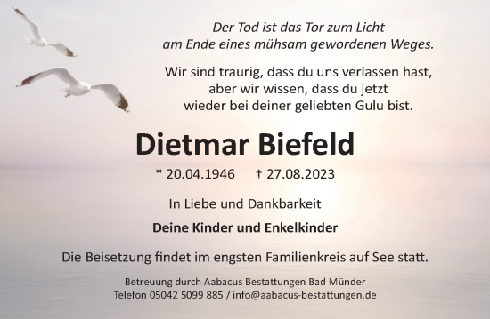 Traueranzeige von Dietmar Biefeld von Neue Deister-Zeitung