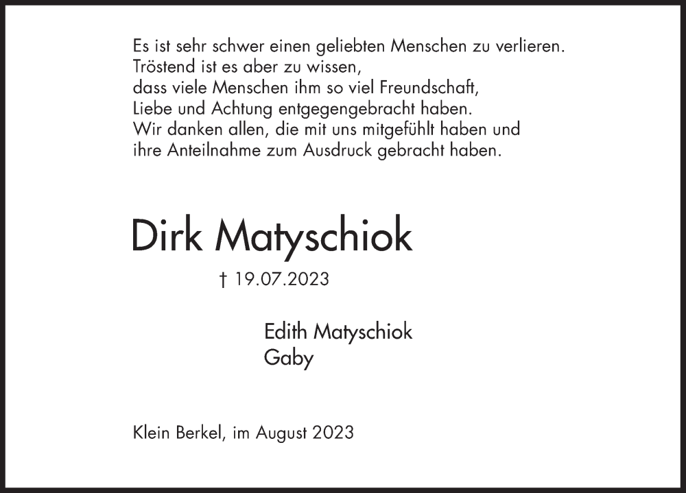  Traueranzeige für Dirk Matyschiok vom 26.08.2023 aus Deister- und Weserzeitung