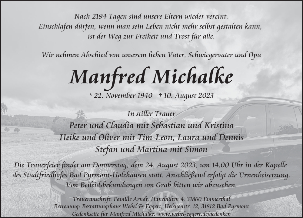  Traueranzeige für Manfred Michalke vom 19.08.2023 aus DEISTER- UND WESERZEITUNG