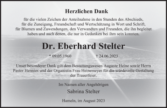 Traueranzeige von Eberhard Stelter von Deister- und Weserzeitung