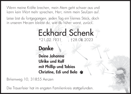 Traueranzeige von Eckhard Schenk von Deister- und Weserzeitung