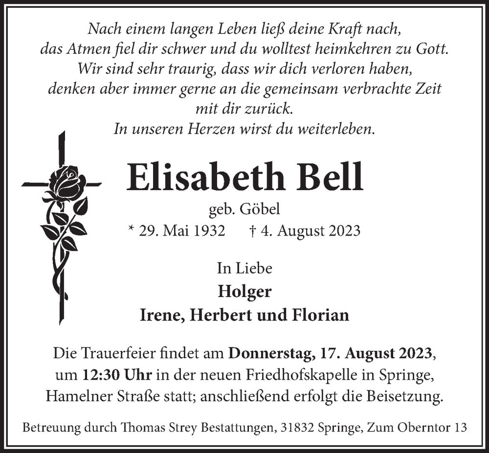  Traueranzeige für Elisabeth Bell vom 12.08.2023 aus Neue Deister-Zeitung