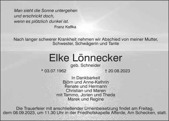 Traueranzeige von Elke Lönnecker von Deister- und Weserzeitung
