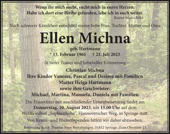 Traueranzeige von Ellen Michna von Neue Deister-Zeitung