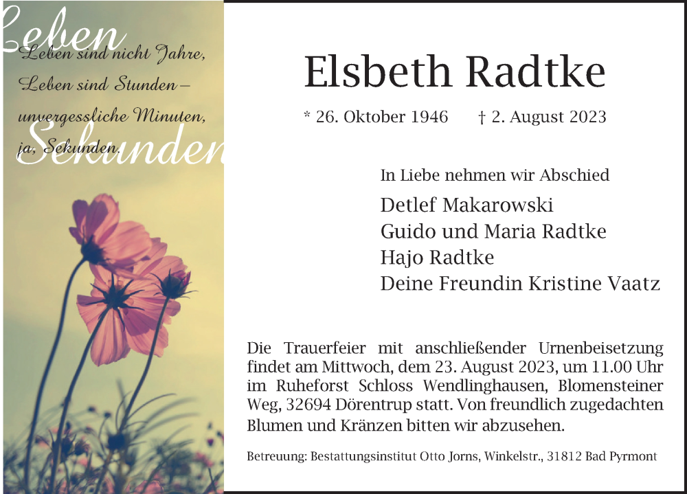  Traueranzeige für Elsbeth Radtke vom 12.08.2023 aus Deister- und Weserzeitung