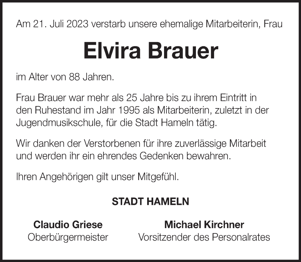  Traueranzeige für Elvira Brauer vom 02.08.2023 aus Deister- und Weserzeitung