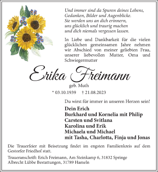 Traueranzeige von Erika Freimann von Neue Deister-Zeitung