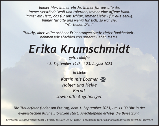 Traueranzeige von Erika Krumschmidt von Deister- und Weserzeitung