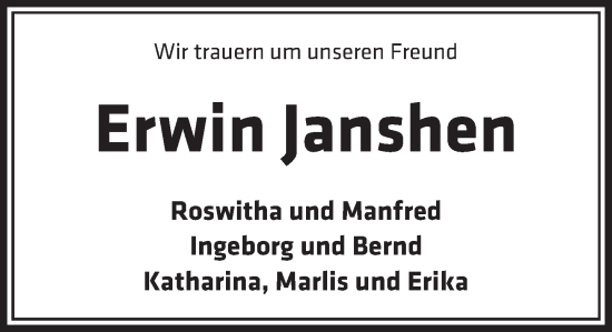 Traueranzeige von Erwin Janshen von Neue Deister-Zeitung