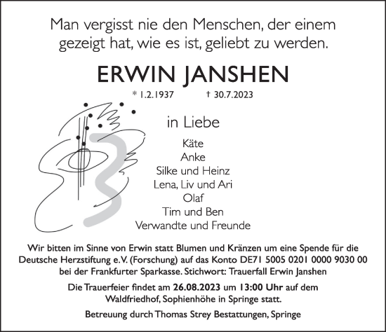 Traueranzeige von Erwin Janshen von Neue Deister-Zeitung