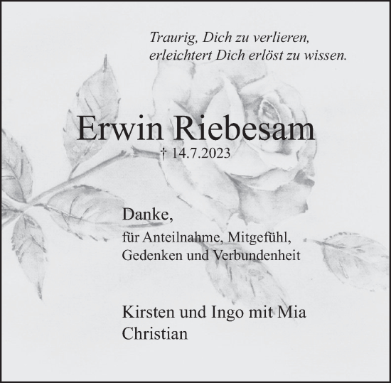 Traueranzeige von Erwin Riebesam von Neue Deister-Zeitung