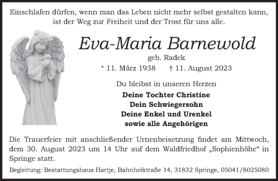 Traueranzeige von Eva-Maria Barnewold von Neue Deister-Zeitung