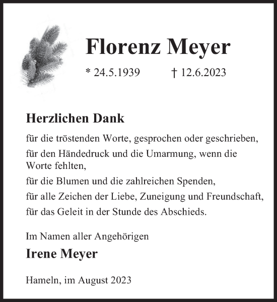 Traueranzeige von Florenz Meyer von Deister- und Weserzeitung