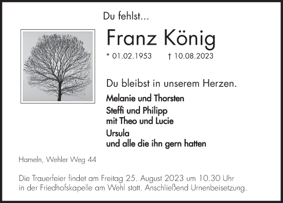 Traueranzeige von Franz König von Deister- und Weserzeitung