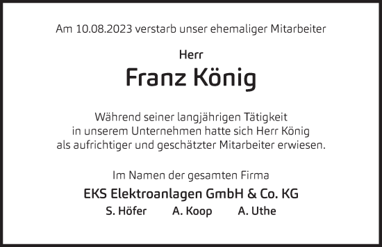 Traueranzeige von Franz König von Deister- und Weserzeitung