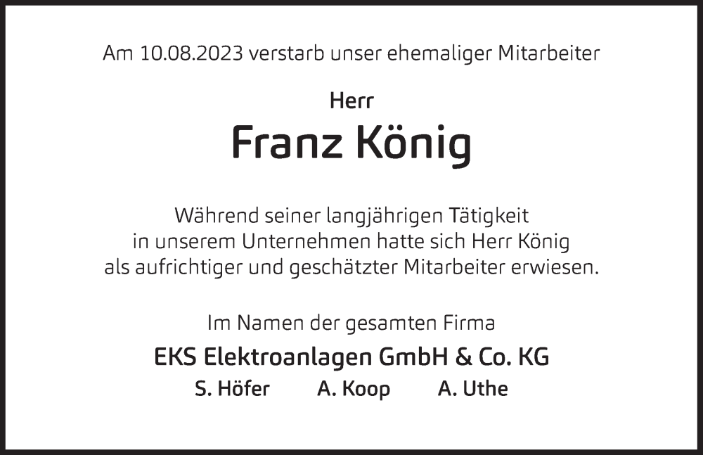  Traueranzeige für Franz König vom 26.08.2023 aus Deister- und Weserzeitung