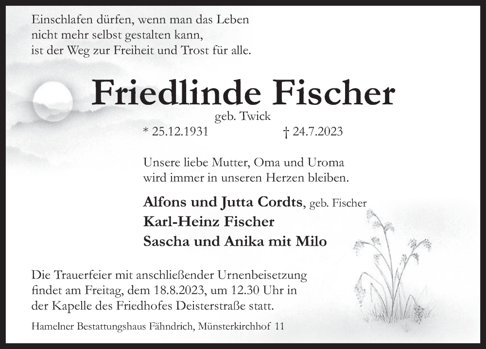  Traueranzeige für Friedlinde Fischer vom 12.08.2023 aus Deister- und Weserzeitung
