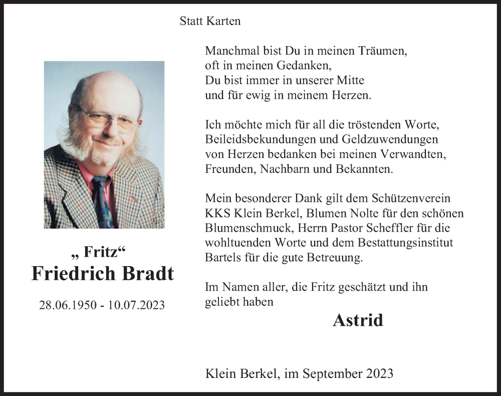  Traueranzeige für Friedrich Bradt vom 02.09.2023 aus Deister- und Weserzeitung