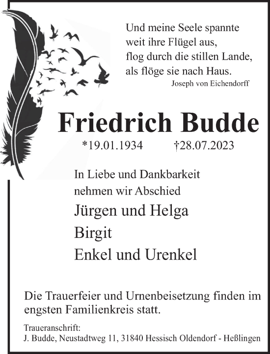 Traueranzeige von Friedrich Budde von Deister- und Weserzeitung