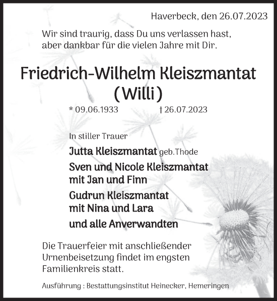Traueranzeige von Friedrich-Wilhelm Kleiszmantat von Deister- und Weserzeitung