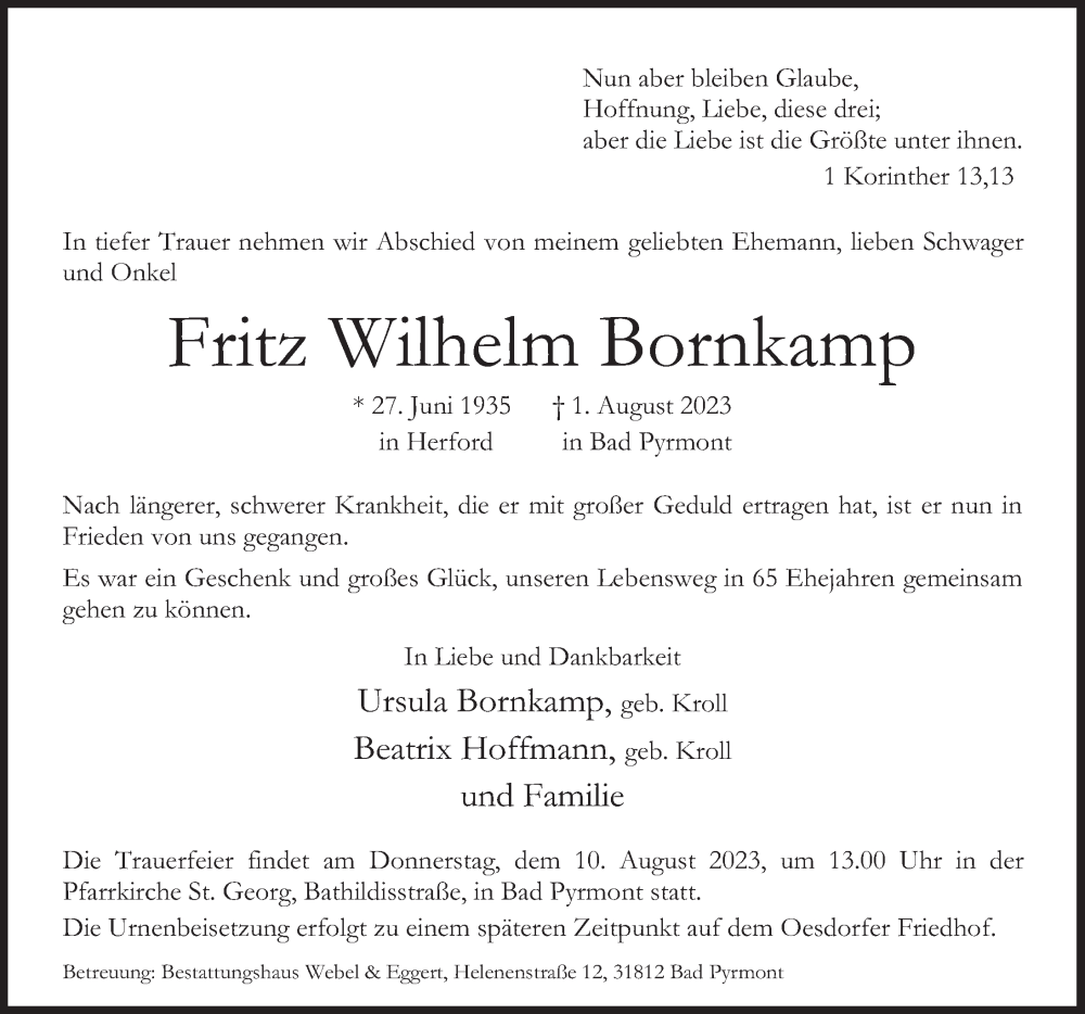  Traueranzeige für Fritz Wilhelm Bornkamp vom 05.08.2023 aus Deister- und Weserzeitung